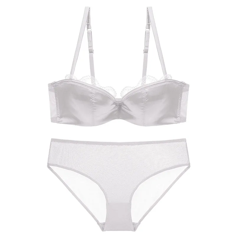 Women Lace Sexy Demi Bra Set Mesh Brief Underwire Back Closure Push up Underwear (20)