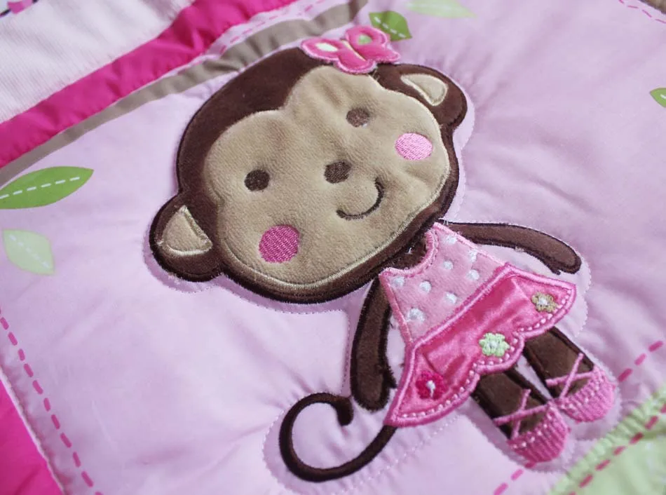 7pcs Pure Cotton Baby Girl Crib Bedding Set 3d Embroidery Monkey