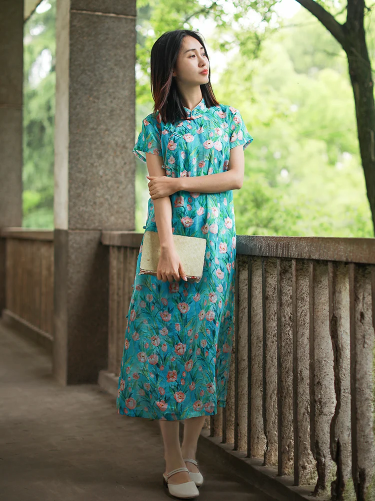 LZJN традиционное китайское платье женское 2019 летнее миди платье с коротким рукавом современное цветочное льняное платье чонсам, Восточный
