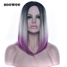 Soowee синтетические волосы черный до серый фиолетовый Омбре волосы короткие Боб Короткие парики для женщин прямые волосы косплей парик парики-женский