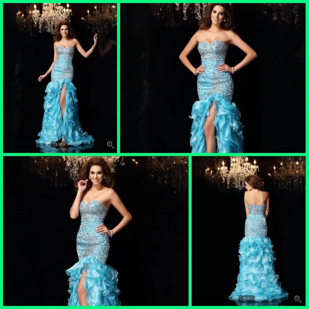 

2016 fashion blue mermaid beading crystals evening dress strapless ruffled with slit formal evening gowns free shipping