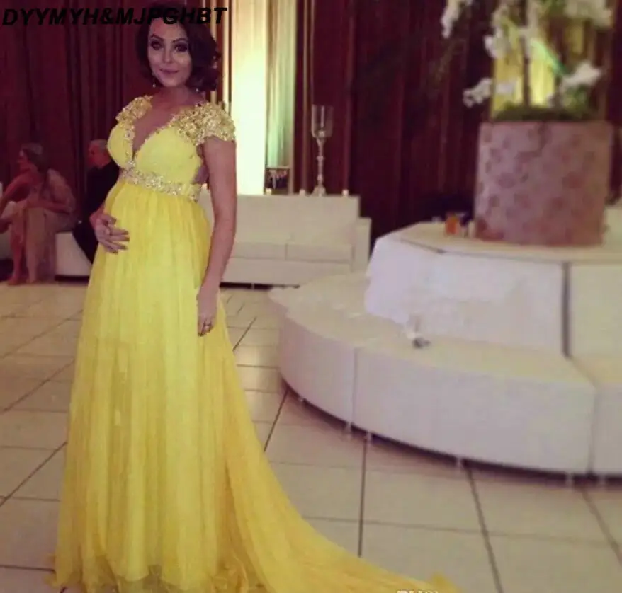 Robe De Soiree 2016 Elegant Evening Dresses for Pregnant Women Cap Sleeves Yellow Prom Dresses Plus Size_
