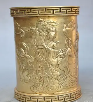

China Brass Longevity Fu lu shou Belle boy Deer bird lucky Brush Pot pencil vase