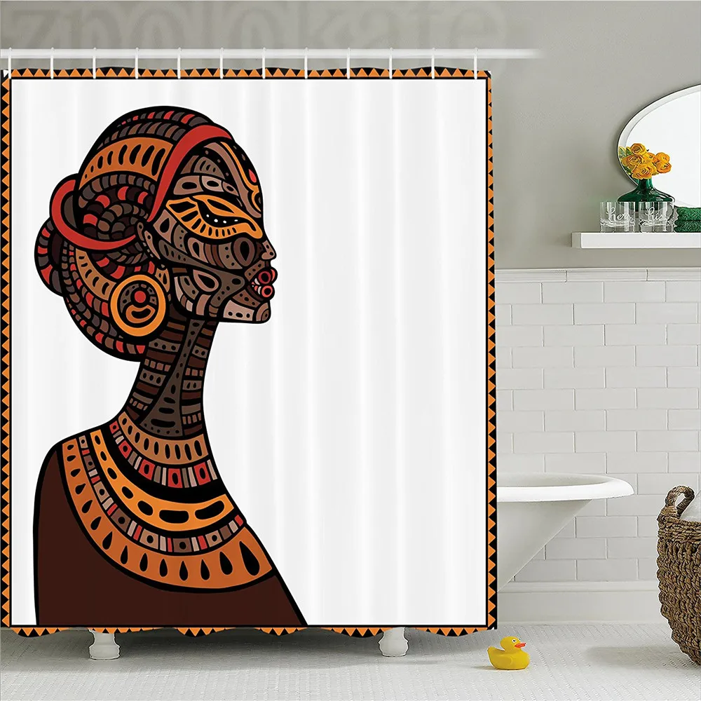 

African Shower Curtain Tribal Exotic Beauty Woman Figure with Traditional Mask Totem Illustration Bathroom Decor Set with Hooks