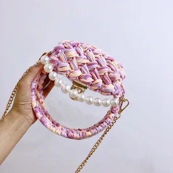 

Trong Korea Style Colorfu Wool Knitted Bag Handmade Women Transparent Bag Chain Crossbody MessengerBag Summer Pearl Round Tote