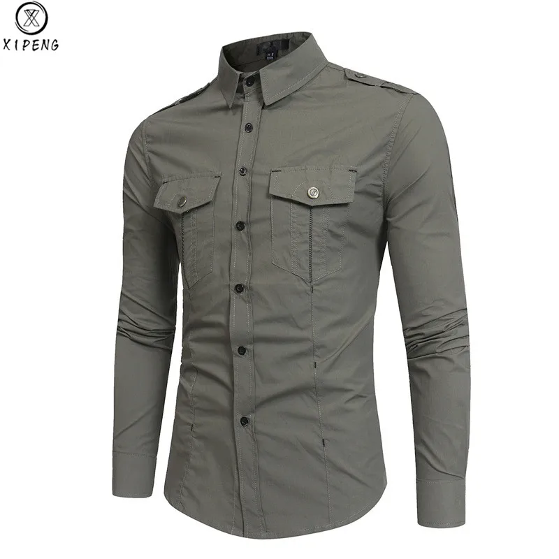

Men's Shirt 2019 Long Sleeve Cargo Shirt Fashion Casual Spring Uniform Military Style Solid Cotton Male Casual Khaki Army Shirt