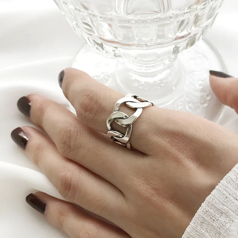 

Punk Vintage Wide Chain Open Rings 925 Sterling Silver Retro Bulky Circle Chain Rings For Elegant Women Party Luxury Jewelry