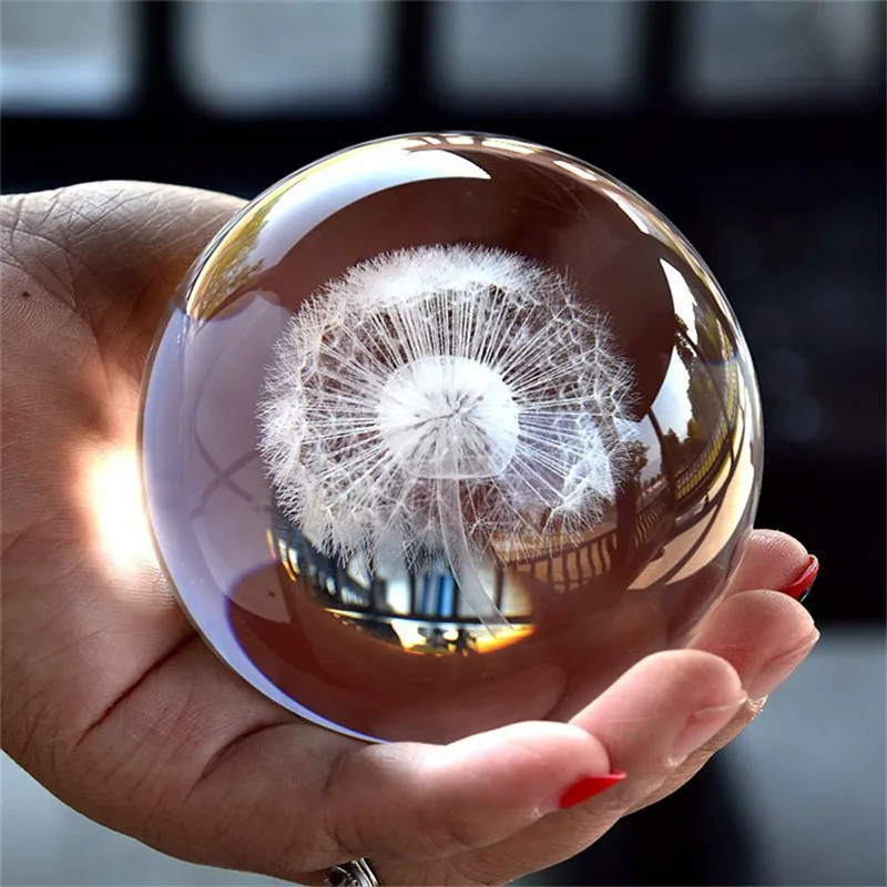 

3D Laser Engraved Dandelion Crystal Ball Globe Meditation Healing Magic Feng shui Sphere for Gifts