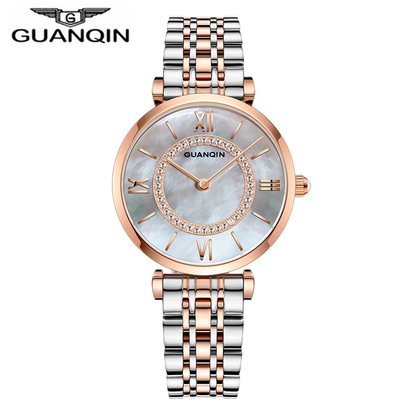 GUANQIN женские модные серебряные Кварцевые Часы Дамские стальные ремешок для часов Высокое качество повседневные водонепроницаемые наручные часы подарок для жены