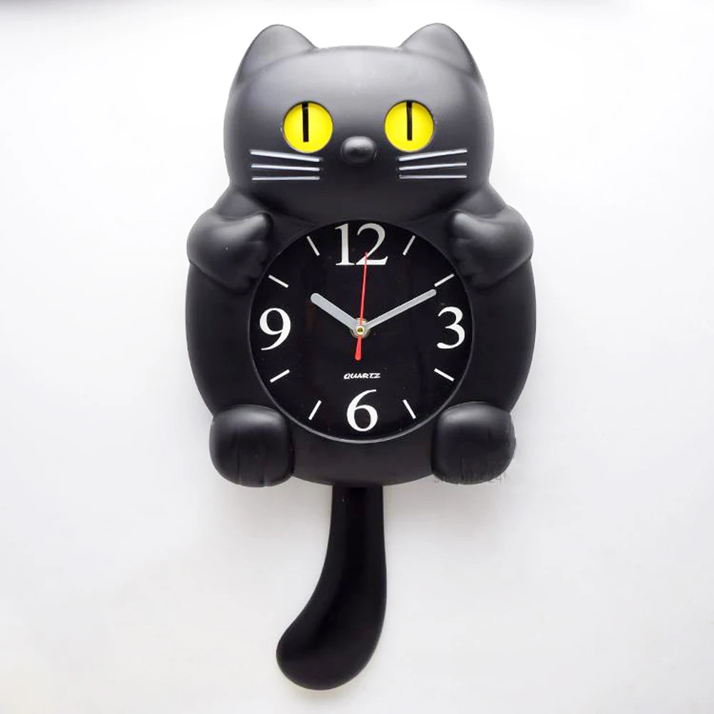 Cut Cat Wall Clock Home Decor Watch Eyes &Tail Move for Kids 14"in