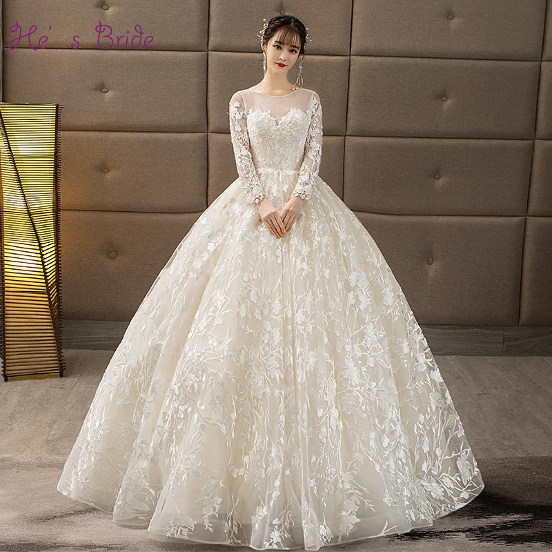 

He's Bride White Lace Long Sleeved Lace Up Back Floor-Length Ball Gown Luxury Wedding Dress Vestido De Novia