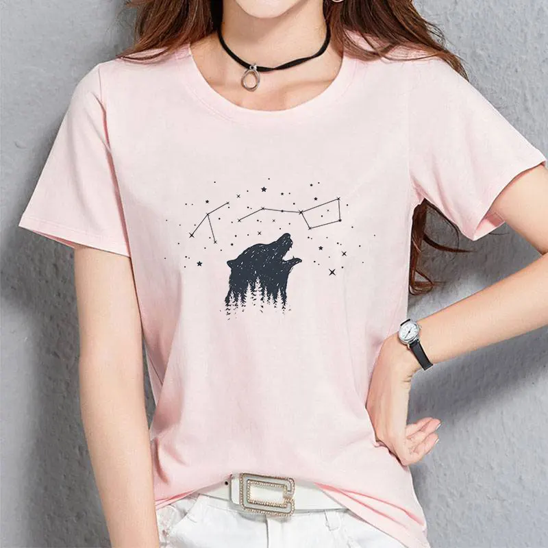 

New Arrival 2019 Summer Fashion Harajuku Kawaii Women Pink T-Shirts Animals Printed Casual Short Sleeve Vintage Tee Shirt Femme