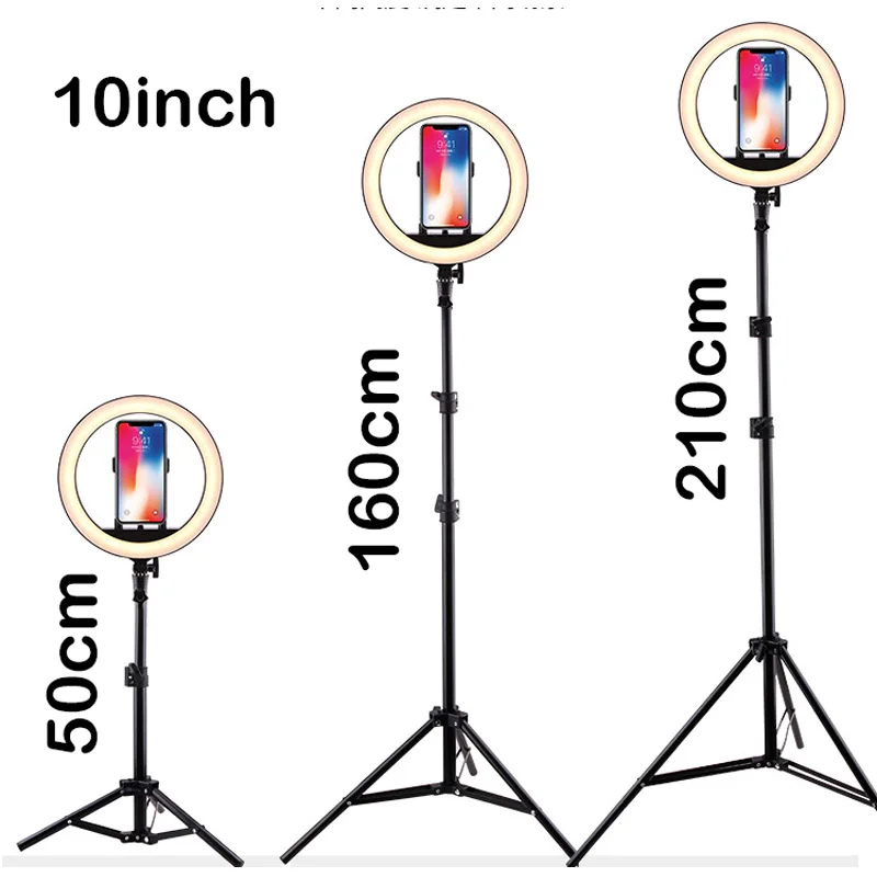 Светодиодный кольцевой светильник для селфи 10 дюймов с регулируемой яркостью, кольцевой светильник для камеры телефона с подставкой, штативы, зажим для телефона для макияжа, видео в живую студию