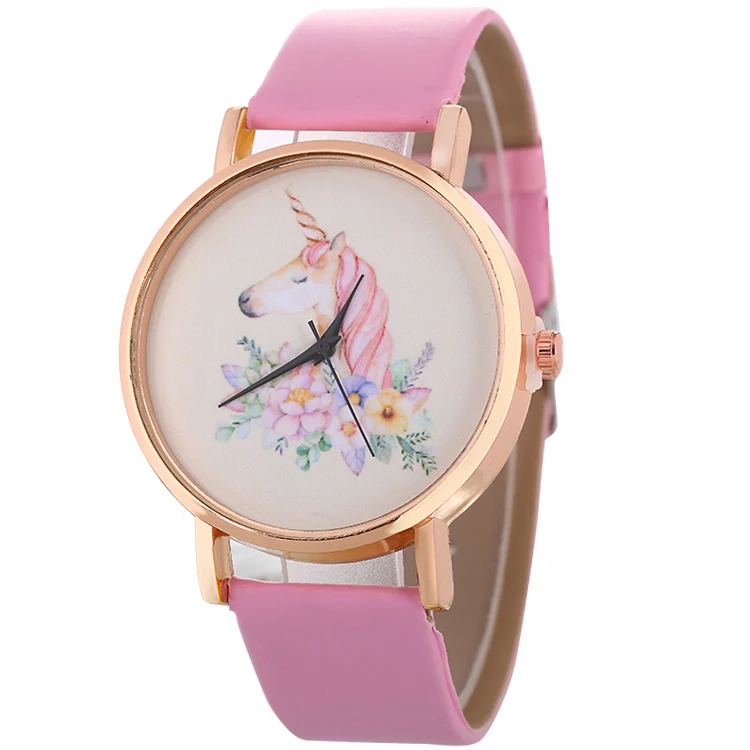 Reloj de animales de unicornio para mujer, correa de cuero, analógico, de cuarzo, 12 colores