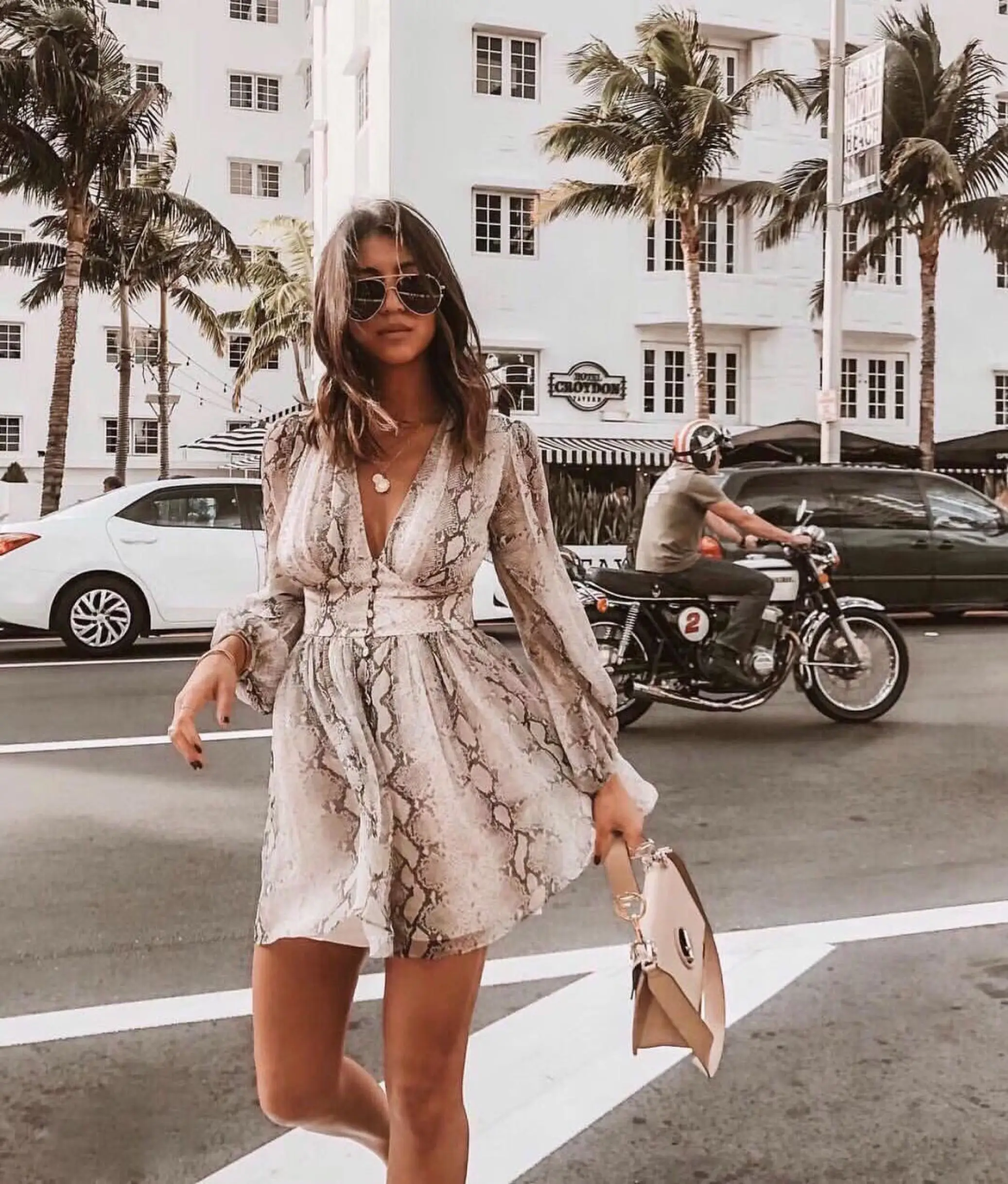 

100% Silk Snake Printing Sexy Deep V-neck Long Sleeve puff Sleeve High Waist playsuit Women's