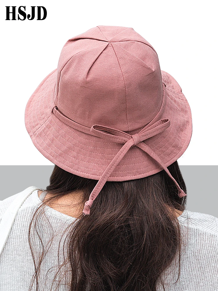 

2019 New Summer Womens Linen Cotton Sun Hats Bow Cap Female Foldable Casual Anti-UV Beach hat Visor Bucket Hat Chapeu Feminino