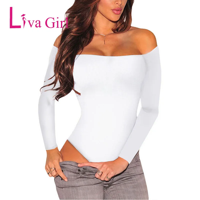 LIVA فتاة مثير أسود طويل كم Bodycon ارتداءها النساء عارية الذراعين قبالة الكتف حللا مائل الرقبة الأبيض داخلية Femin السروال القصير