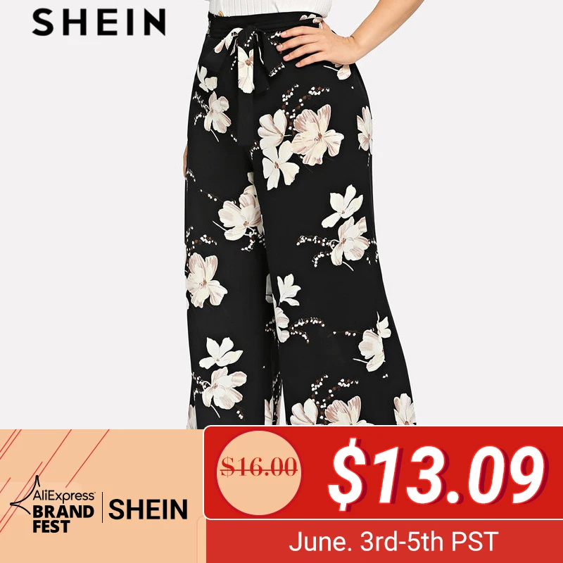 

SHEIN Plus Size Black Belted Floral Print Wide Leg Pants 2019 Women Spring Summer Boho Knot Long Loose Trousers With Sashes
