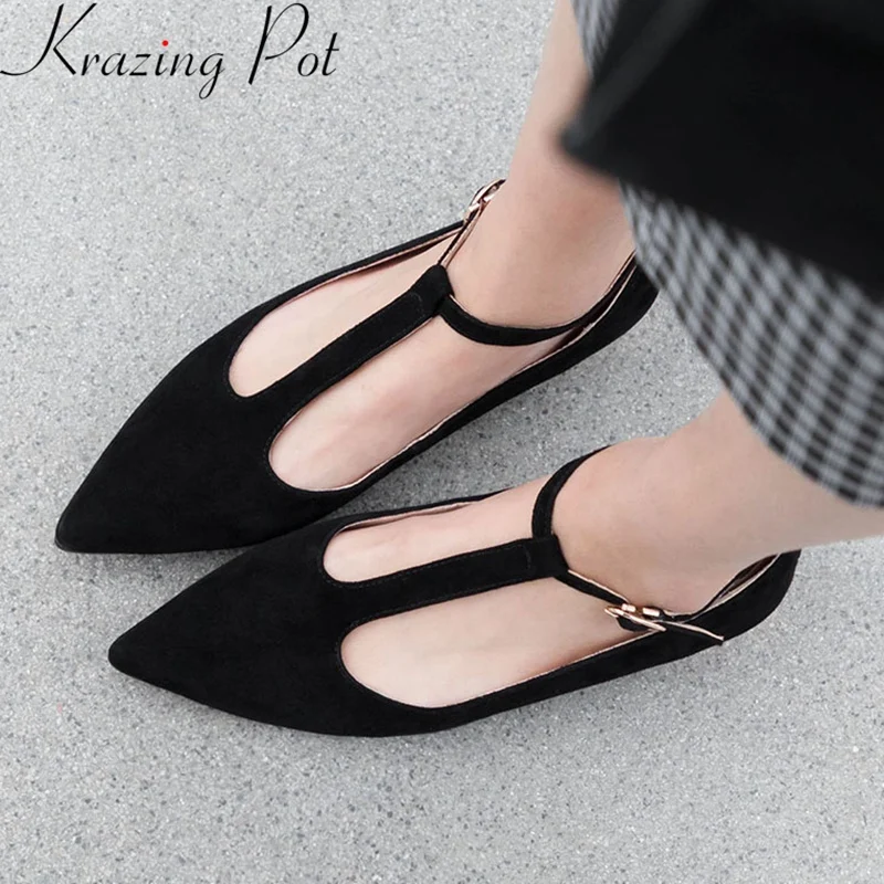 

Krazing pot 2019 superstar cow suede low heels T-Strap pointed toe women pumps fashion shallow sweet streetwear spring shoes L09