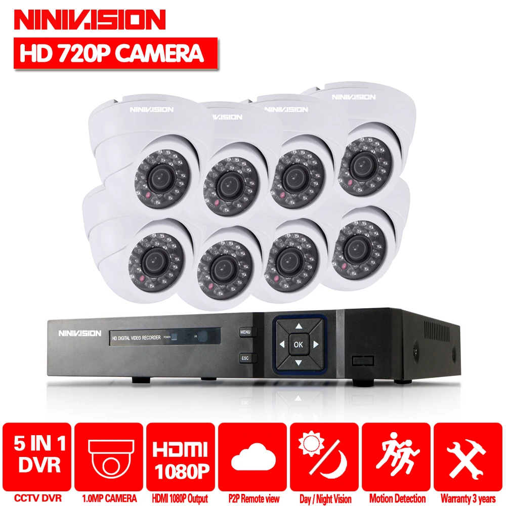 NINIVISION 720P для видеонаблюдения Купольная 1.0MP 2000TVL камера kit с 8-канальный сетевой видеорегистратор AHD 1080P DVR системы hdmi 1080P NVR, 3g, Wi-Fi, DVR комплектующие