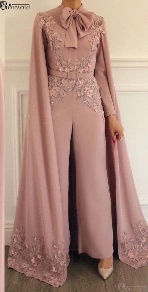 Элегантное мусульманское вечернее платье Румяна Розовый Кружева Аппликации вечернее брюки Дубай арабское, с длинными рукавами вечернее платье