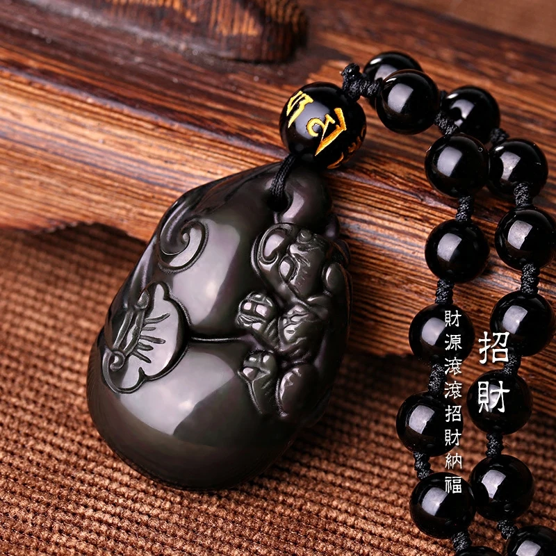 

A natural ice Obsidian Ruyi Pendant Necklace Jewelry men brave gourd female lucky transport Pendant