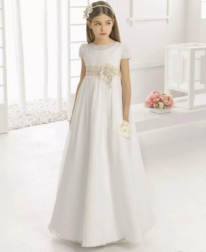 Vintage Flower Girl Dresses for Wedding Empire Waist Short Sleeve Tulle Crew Champagne Lace Sash Children First Communion Dress Vintage Flower Girl Dresses for Wedding Empire Waist Short Sleeve Tulle Crew Champagne Lace Sash Children First Communion Dress