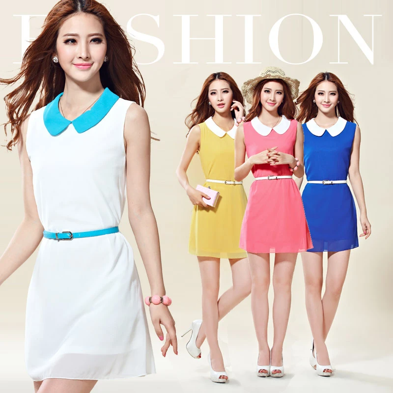 Fashion Elegant font b Dress b font Summer Spring Chiffon Sleeveless Peter Pan Collar Plus Size