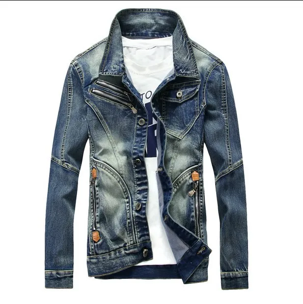 Men's Biker Jean Jacket and Coat Spring Autumn Cotton Slim Fit Denim