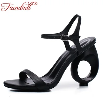 

FACNDINLL summer shoes women sandals genuine leather black strange style high heels sexy cut-outs gladiator party wedding shoes