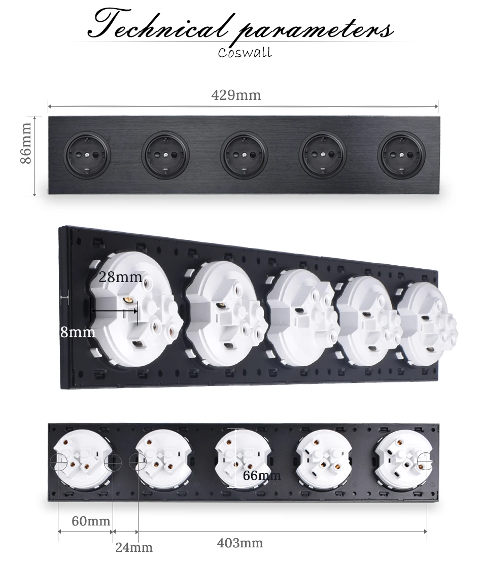 Coswall черная алюминиевая панель 16A пятиугольная ЕС стандартная настенная розетка 5 Выходная розетка заземленная с защитным замком от детей