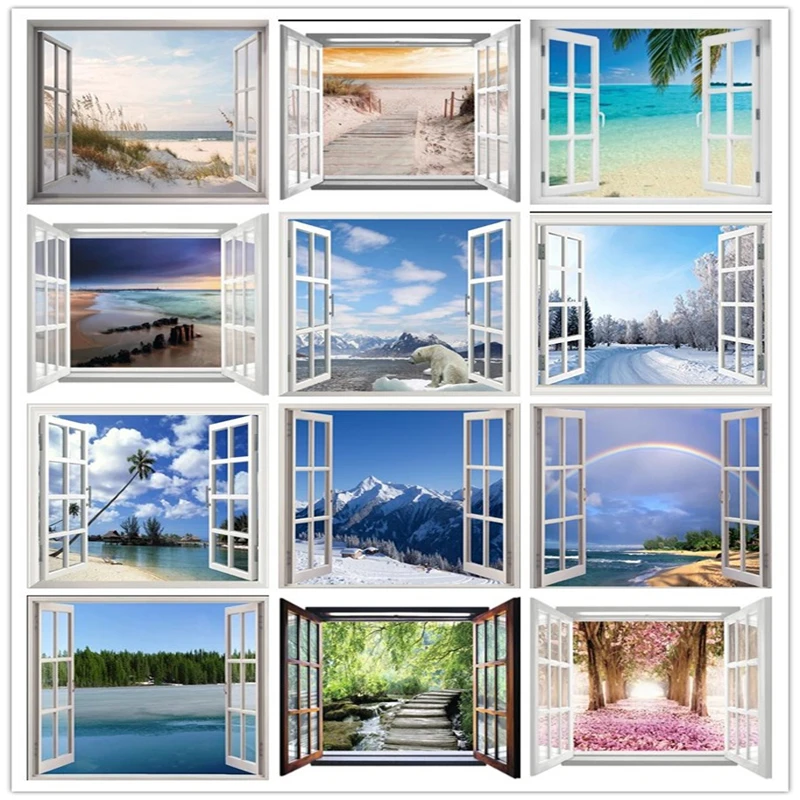 

5D Diy Scenery outside the window diamond painting Beach seascape diamond embroidery Rhinestone cross stitch mosaic Wall Sticker