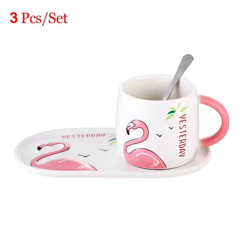 

3 Pcs/Set Ceramic Mug+Spoon+Tray Sweet Pink Flamingo Coffee Mug Handgrip Milk Cup Exqusite Life Decoration Women Excellent Gift