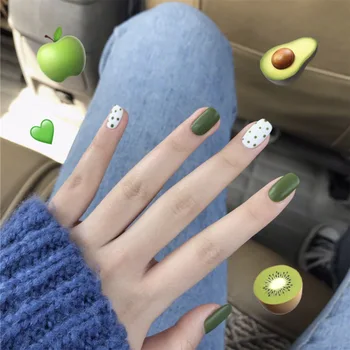 

24Pcs Artificial nails with glue Cute Dot Design Green Short Square Artificial Full Cover Nail Tips Sweet Girls Faux Ongle DL
