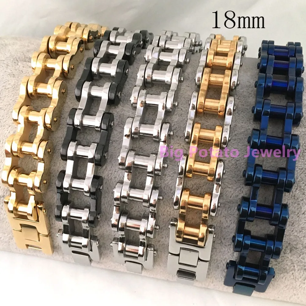 

18mm Width Trendy 316L Stainless Steel Silver&Gold&Black&Blue Heavy Duty Motorcycle Cool Men's Bracelet Free Shipping 23cm*18mm