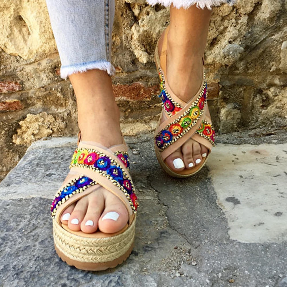 

INS Hot bohemia style straw platform slippers women 2019 big size 35-43 colored casual slides women wedges shoes woman