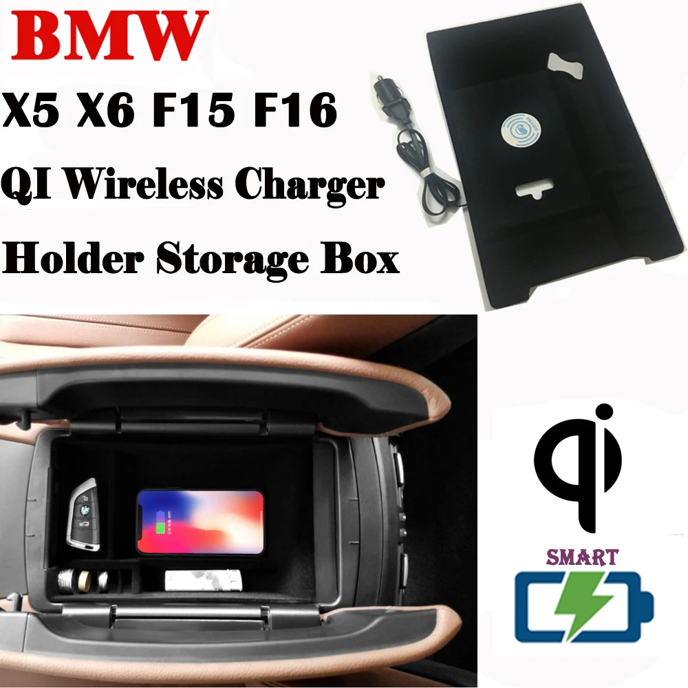

For BMW QI Wireless charger Smart Wireless charging Phone Holder Storage Box For X5 X6 F15 F16