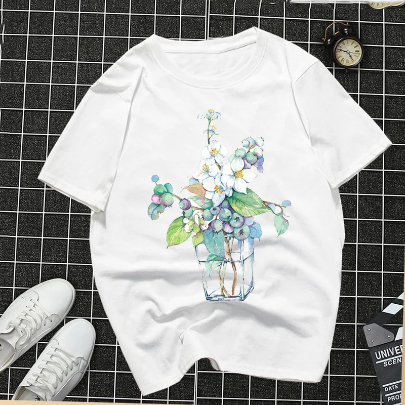 

Female T-shirt Harajuku Women White T shirts kawaii tee shirt femme Flower printed camiseta mujer tops female streetwear korean