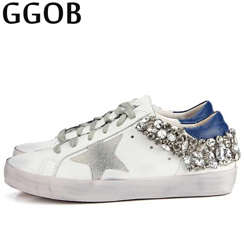 GGOB 2018 Casual Genuine Leather Flat Shoes Women Korean Brand Handmade Vintage Distressed Lace-up Glittering Star Cowhide Shoes