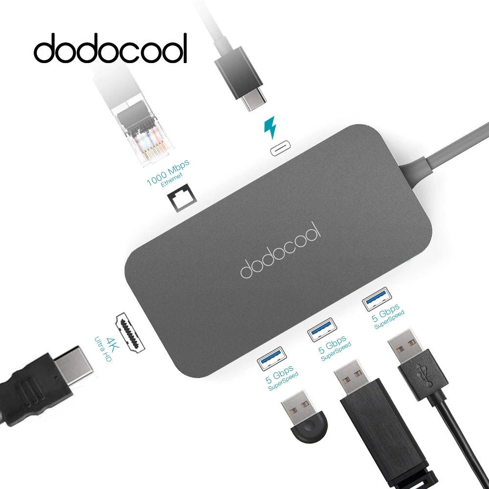 dodocool Type-C Hub Aluminum USB Hub USB-C Hub with Type-C PD Video HD RJ-45 Gigabit Ethernet Adapter USB 3.0 Hub for MacBook