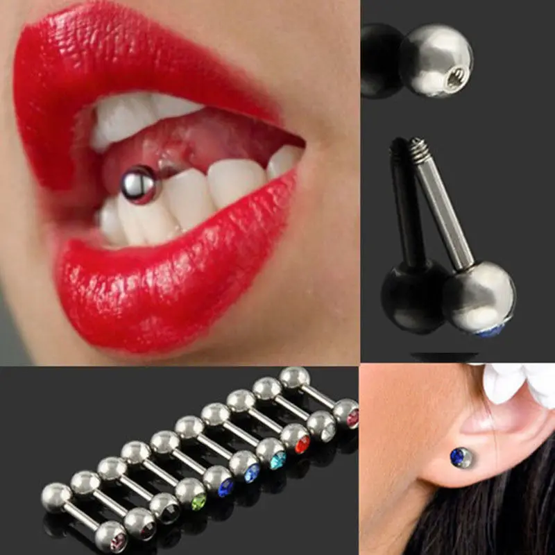 Crystal Ball Tongue Bars Ring Barbell Piercing 10Pcs Stainless Steel
