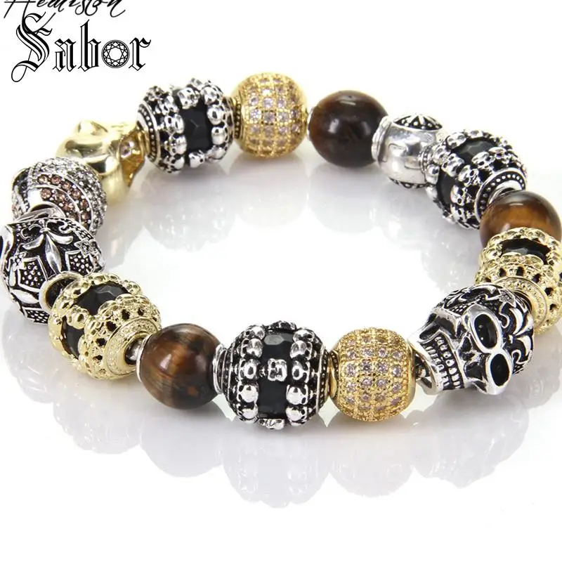 

KM Bead Bracelet With Tiger's Eye OWL Skull Lily Beads Karma Bracelet Rebel Rock Jewelry For Men KB536 thomas jewellery