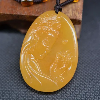 

Drop Shipping Hand Carved YunNan HuangLong Jade Guan Yin Buddha Pendant Jade Stone Necklace Lucky Amulet With Chain Gift