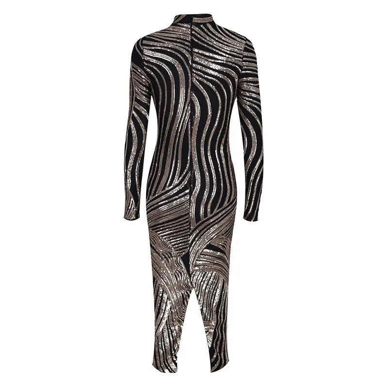 Gold Modo Collare Lunga Colori Hit Vita Paillettes Partito Del A Femminile Marea Di Da Dress Alta Aderente Chicever Oro Manica Vestiti Split Hem Basamento Vestito 1gFYww