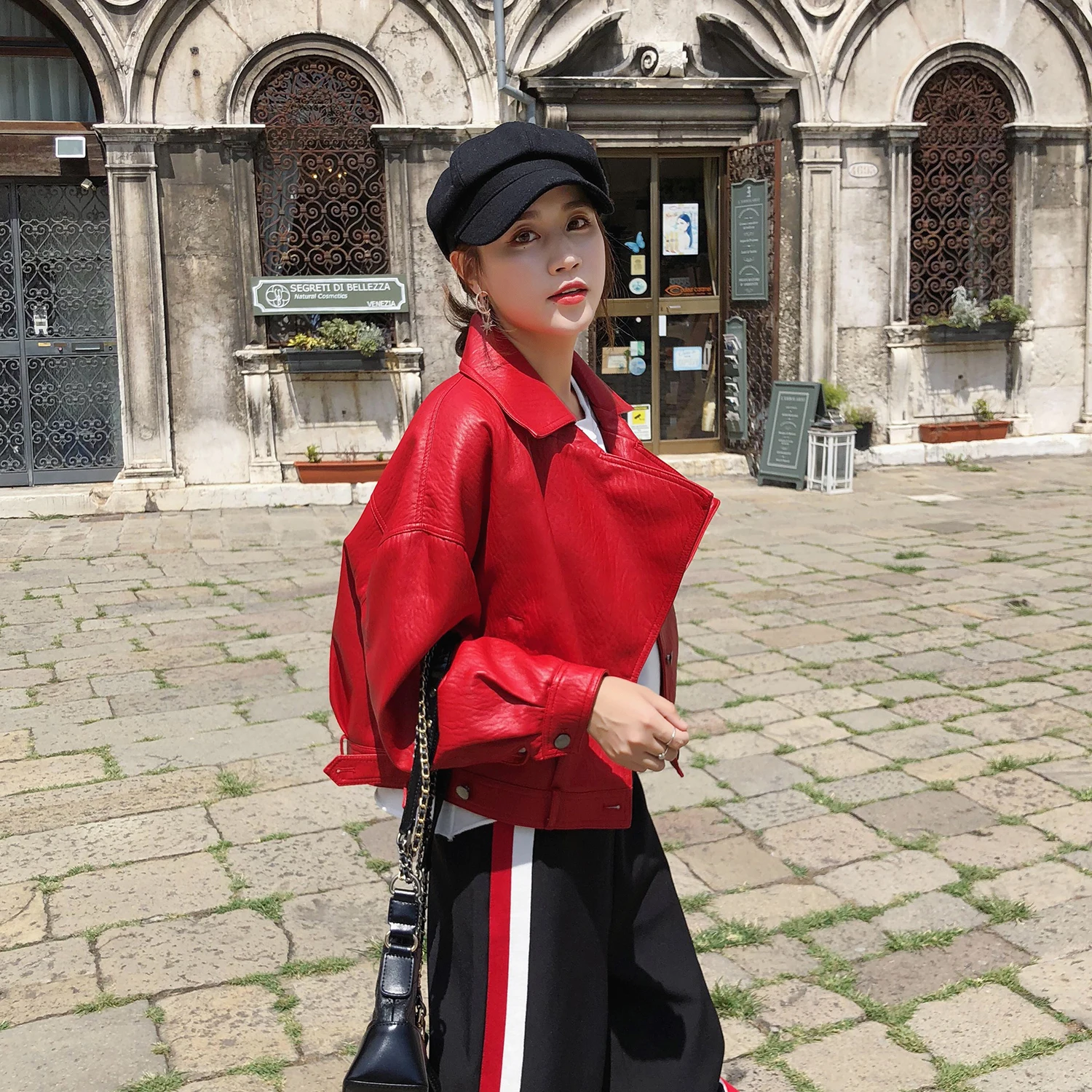 Ftlzz Autumn Faux Leather Jacket Women Loose Turndown Collar Single Breasted Motorcycle Leather Coats