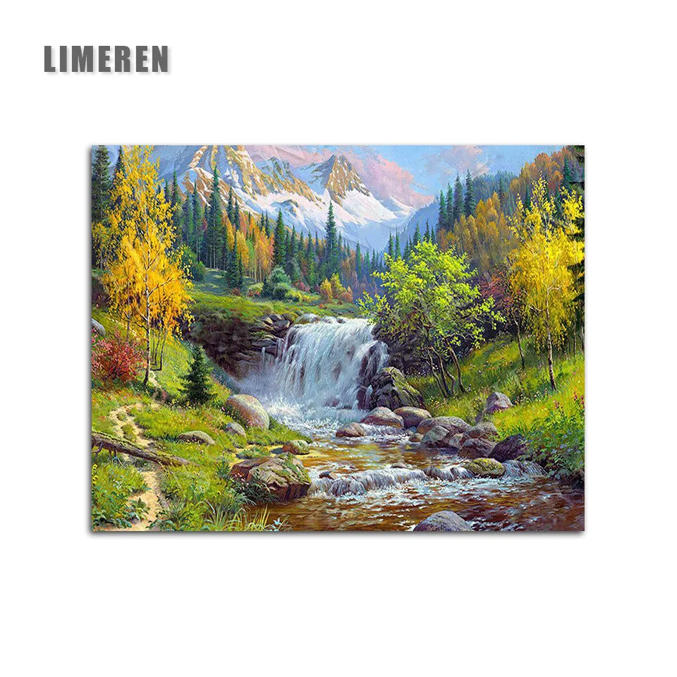 

Oil Painting By Numbers DIY Picture Waterfall Drawing On Canvas Oil Coloring By Hand Landscape Kits Drawing Modern Wall Art
