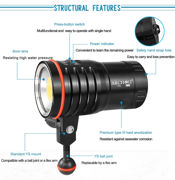 ARCHON DM60 COB Дайвинг видео светильник Макс 12000 люмен подводная фотография Точечный светильник Дайвинг светильник 100 м водонепроницаемый