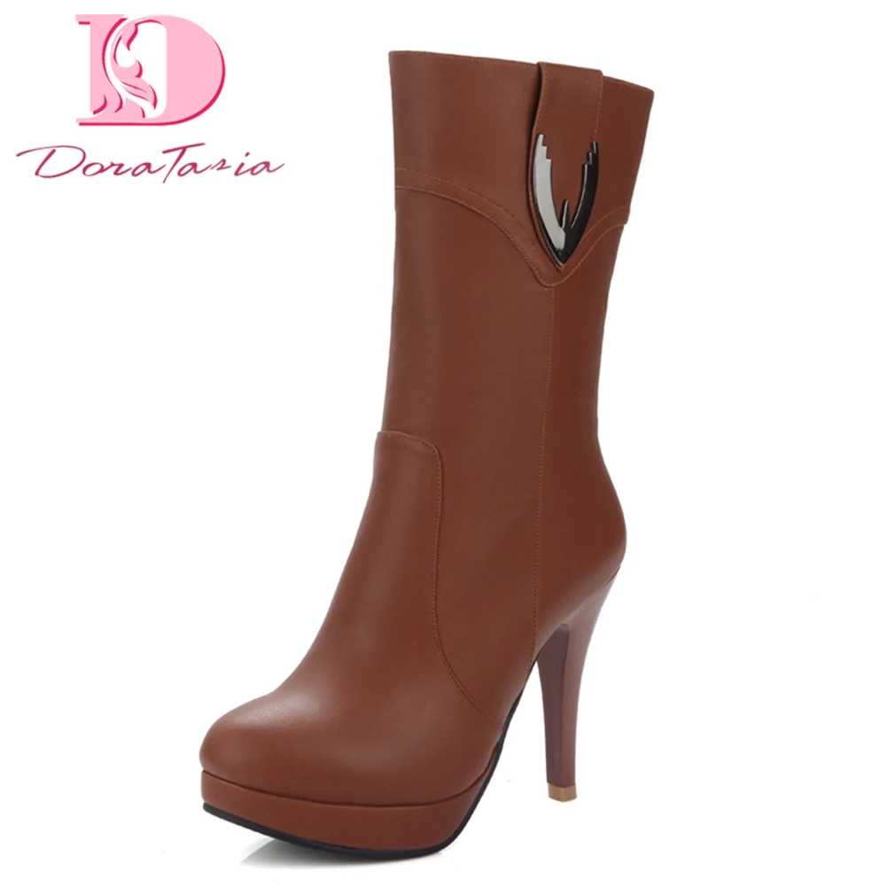 

DoraTasia brand new large size 31-43 platform pu leather women shoes woman boots mid-calf boots high heels shoes women boots
