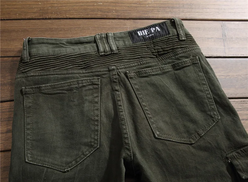 Мужские обтягивающие рваные байкерские джинсы с несколькими карманами, брюки-карго армейского зеленого цвета, мужские Плиссированные джинсы-карандаш 004