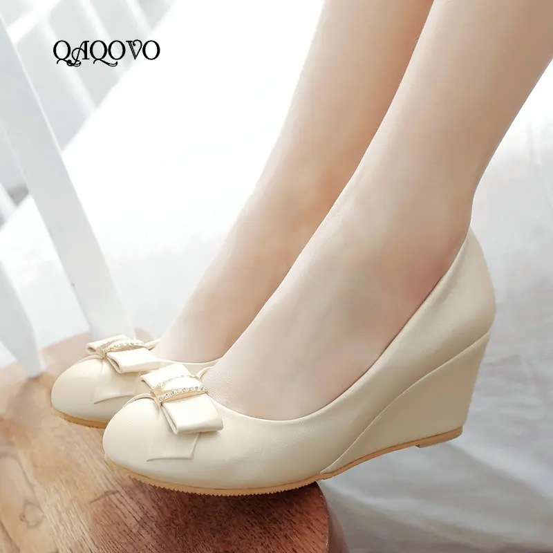 

Wome's Wedges Pumps Bow Knot High Heels Round Toe Slip On Spring Autumn Shoes Ladies Black Blue Pink White Plus Size 43
